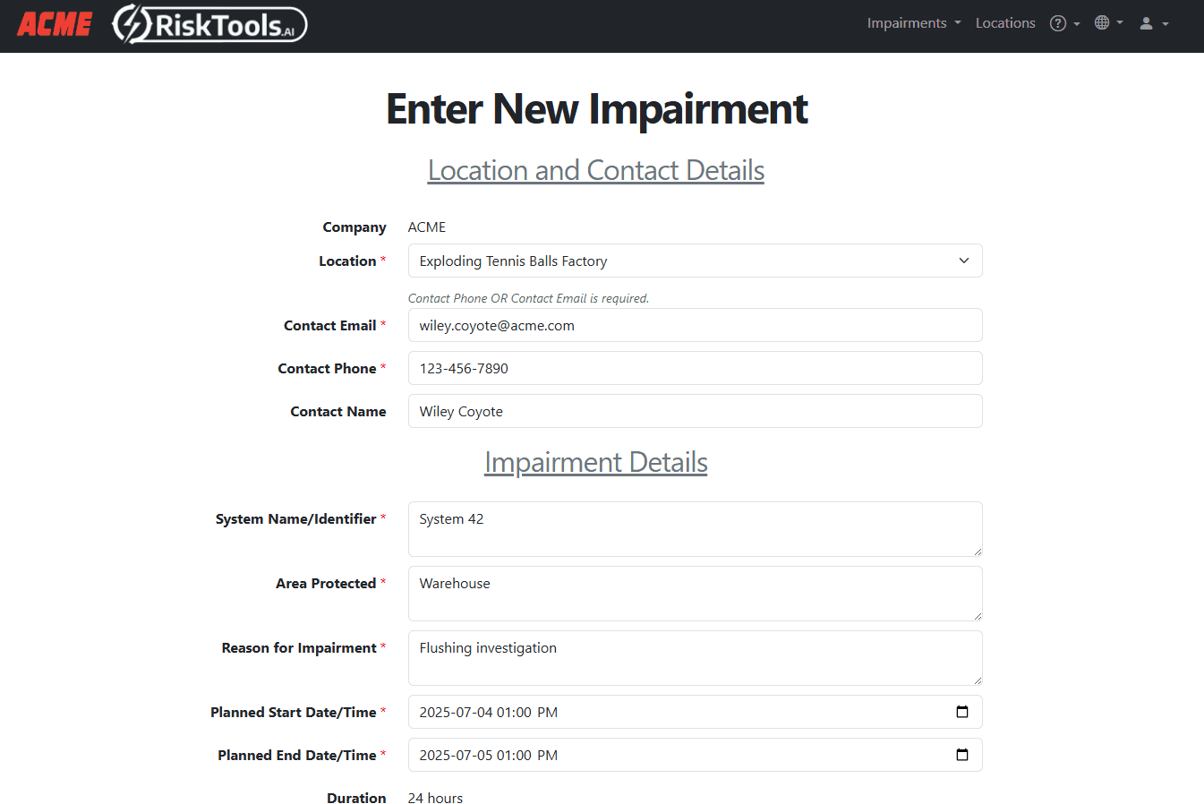 New fire protection impairment form in RiskTools.AI